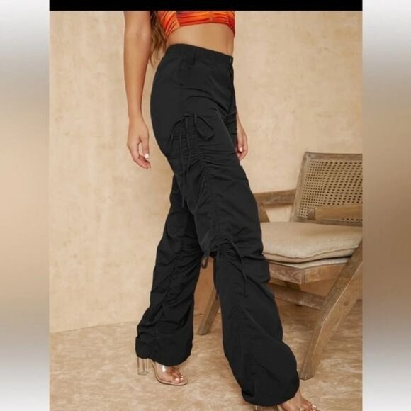 Shein Womens Black Drawstring Ruched Cut-Out Knee High-Waisted Pants Size M - Picture 10 of 14